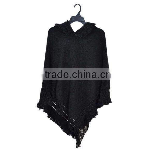 2015 women fashion warm fur hooded crochet knit poncho sweater with collar