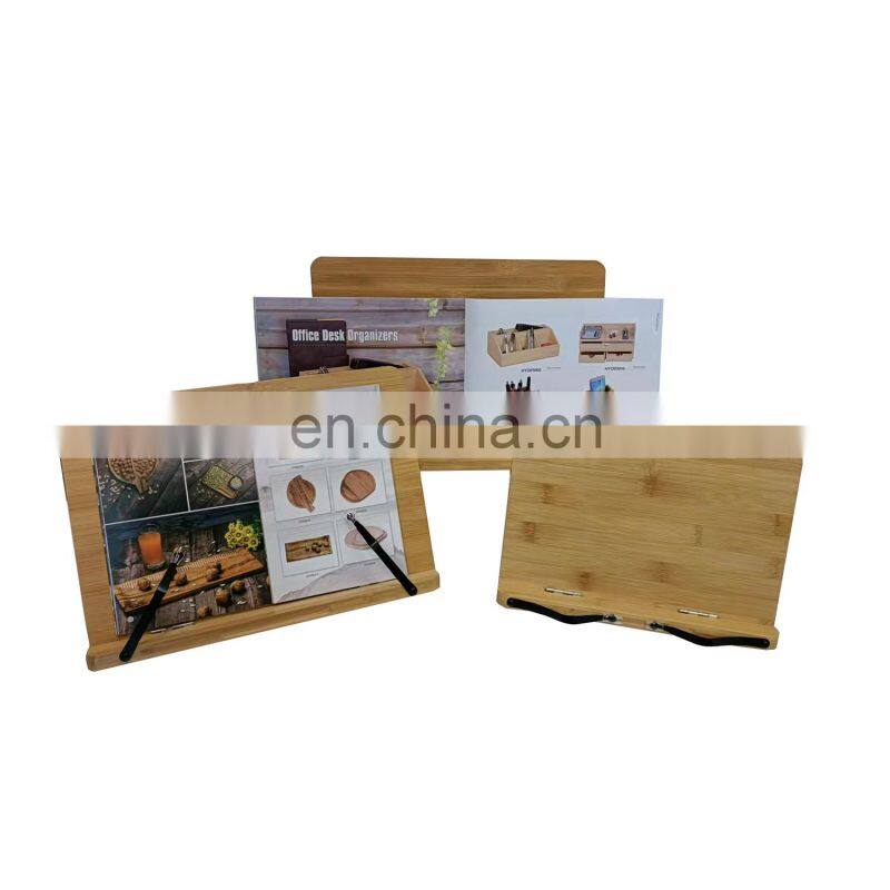 Bamboo Book Stand Adjustable Book Holder Tray and Page Paper Clips-Cookbook Reading Desk Portable Sturdy Lightweight Bookstand-T