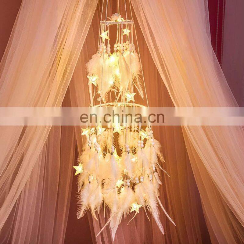 Boho Party Nursery Decor Ceiling Double Circle White Featherwith LED Fairy Lights Wall Hanging Ornaments Dream Catcher