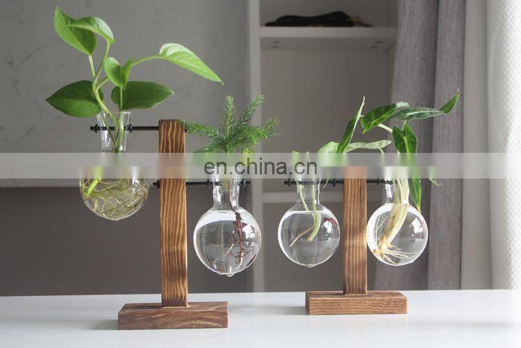 Terrarium Hydroponic Plant Vases Vintage Flower Pot Transparent Vase Wooden Frame Glass Tabletop Plants Home Bonsai Decor