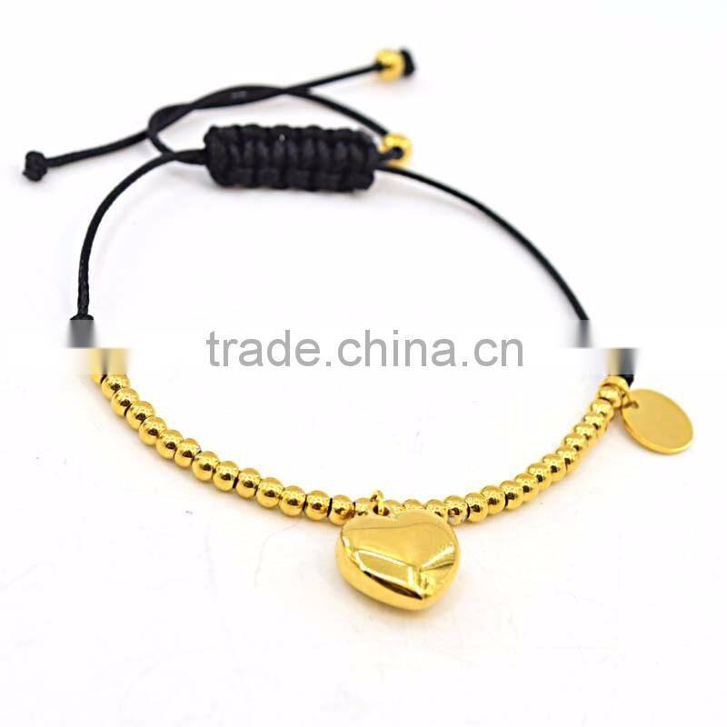 fashion bracelet wax rope adjustable gold bead bracelet with heart pendant