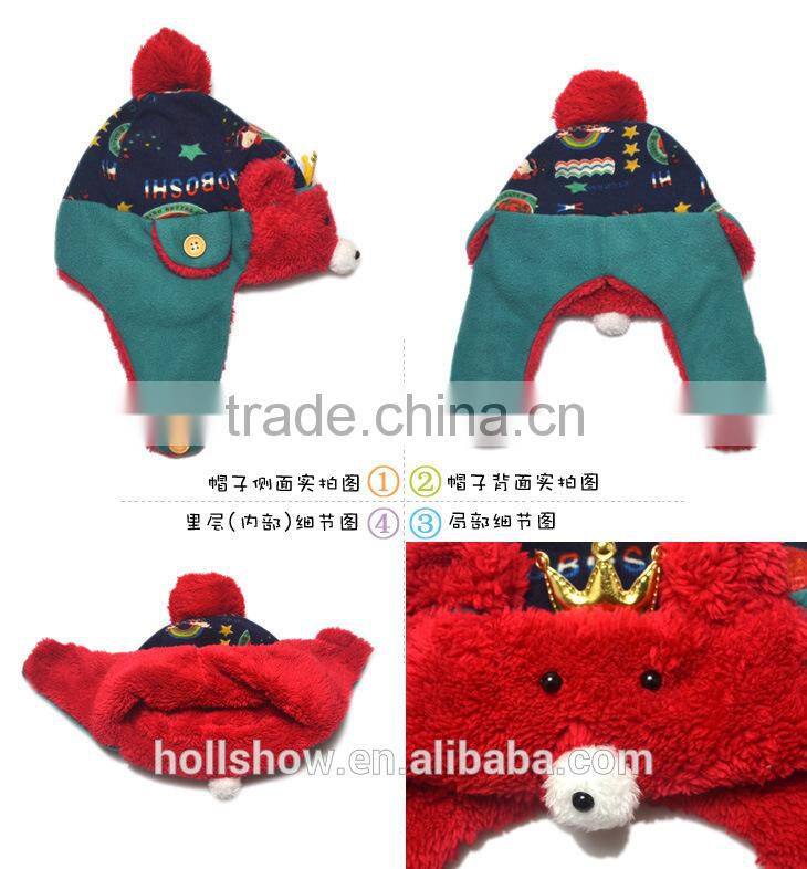 Fashion Warm Crown Fleece Bear Knitted Pom Pom Kids Earflap Hat
