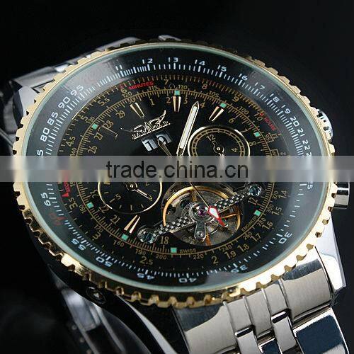 ESS Men Gent Black Tourbillon Date Golden Case Aviator Mechanical Watch WM194