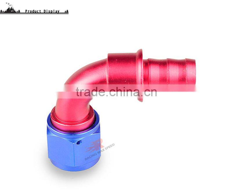 Aluminum oil cooler hose fitting 90 degree push on hose end push on fitting blue and red 10-090-10