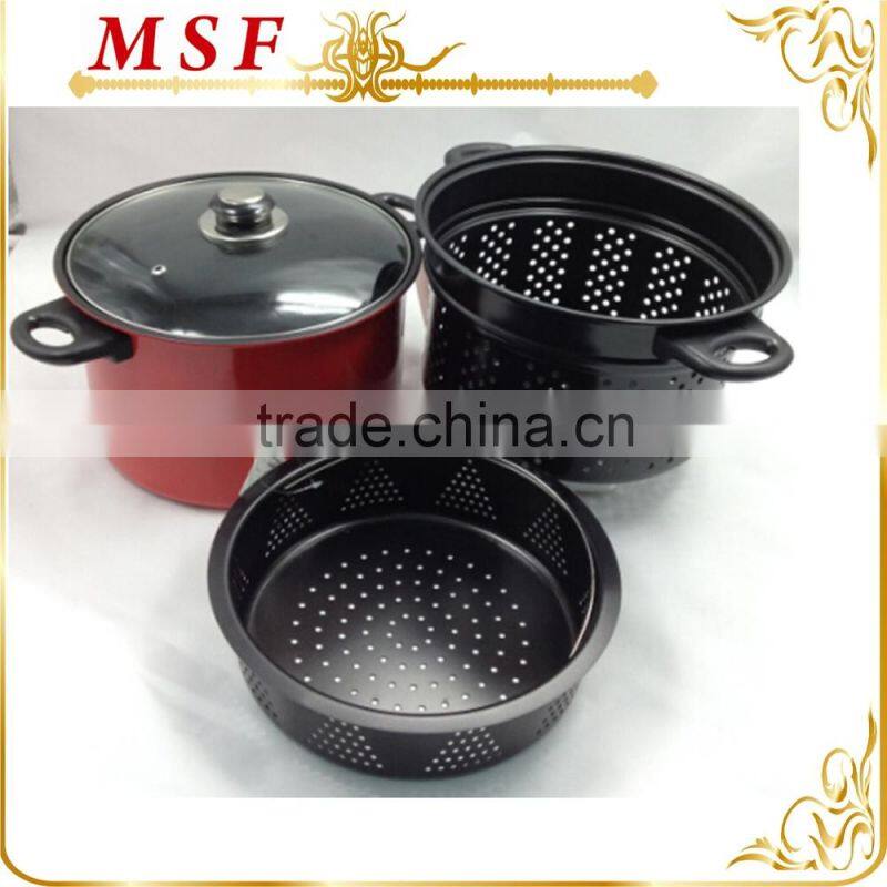 MSF-6427 carbon steel pasta pot with strainer pasta steamer set heat resistant painting on body non stick coating in pasta