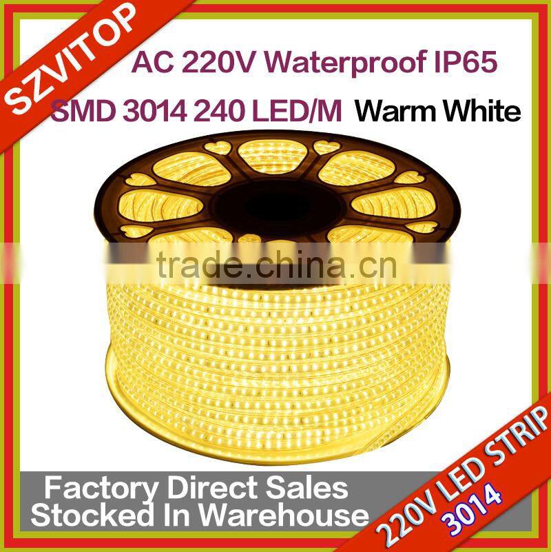 AC 220V LED Strip SMD 3014 240LED/M Warm white Waterproof IP67 100M/Roll with One Set Free AC Plug Cable Super Bright New