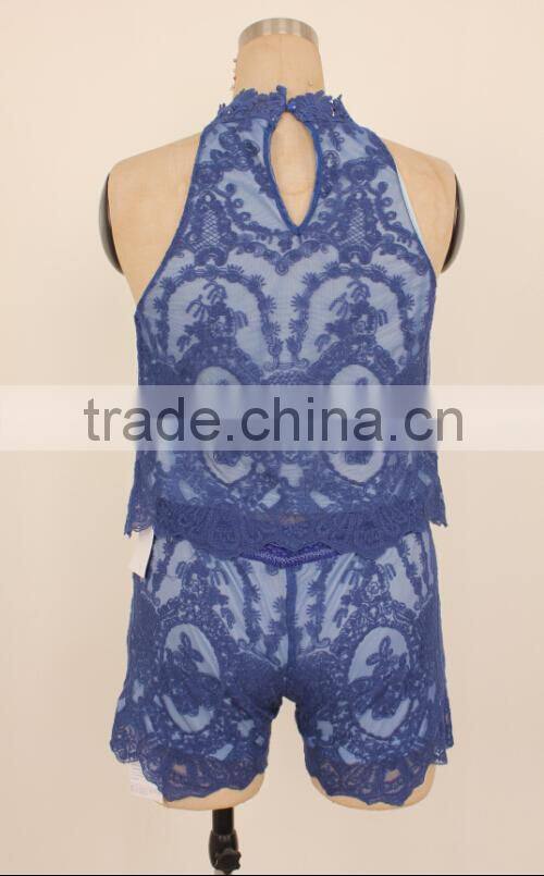 2016 pre-sale fashion lace short pants and sleeveless neck designs for ladies suit