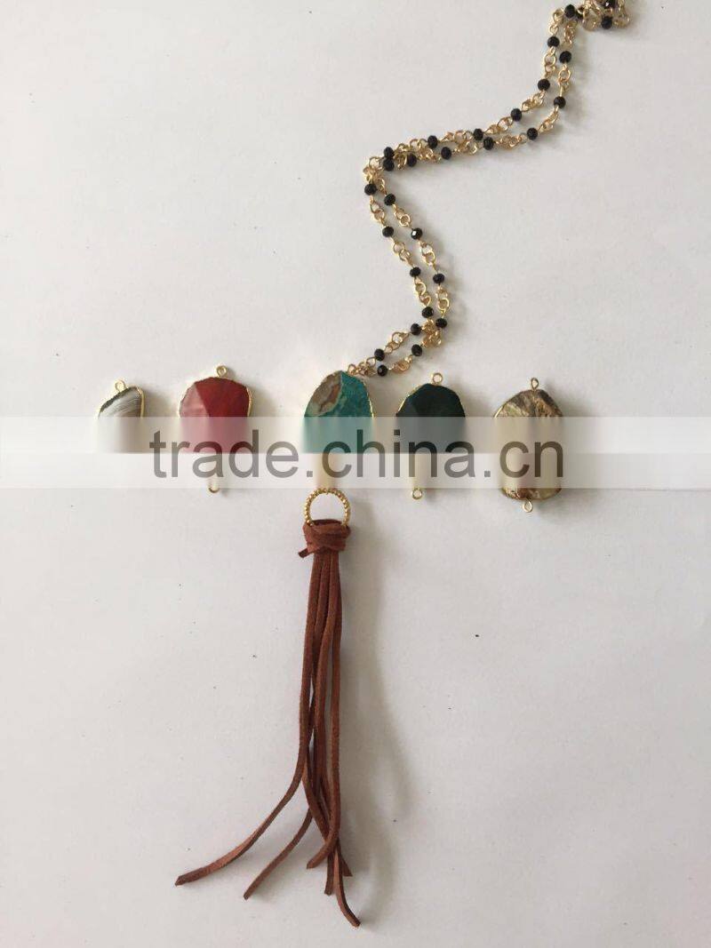 Latest Popular Natural Stone Beads Jeweled Slim Velvet Tassel Necklaces