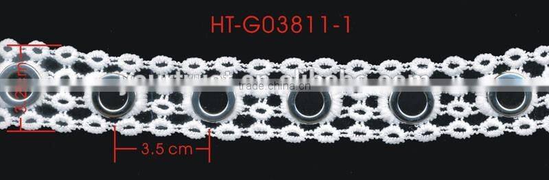 White Polyester Lace Rhodium Flat 17MM Metal Grommet Eyelet Trimming