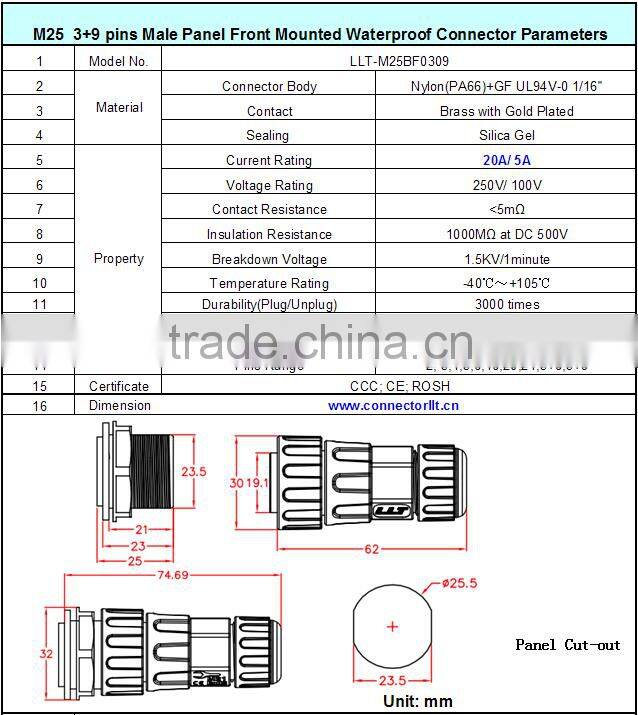 IP67 3+9 poles power and signal connector straight electrical connector