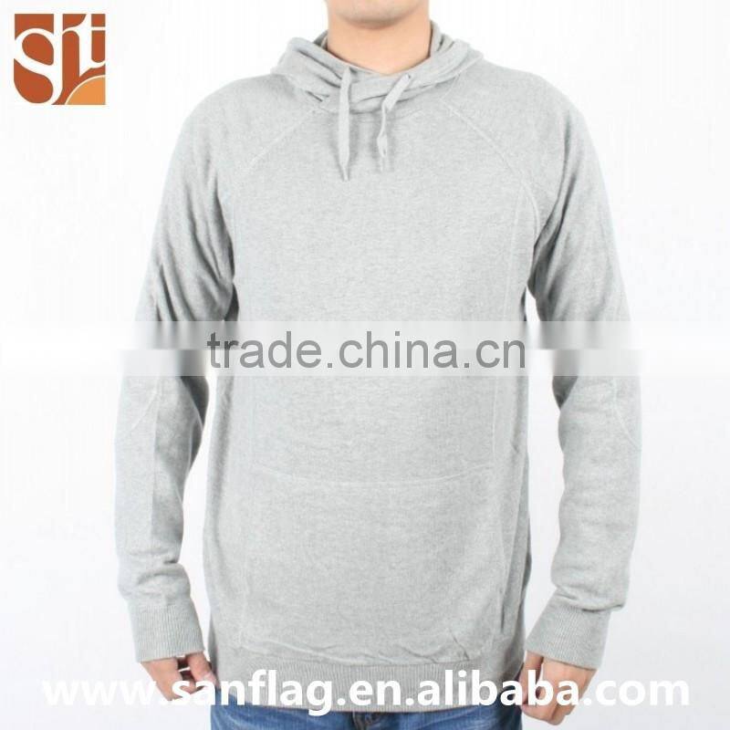 2016 China import direct man long sleeve jumper wool/cashmere hoodie light grey hand knitted sweater with kangaroo pocket