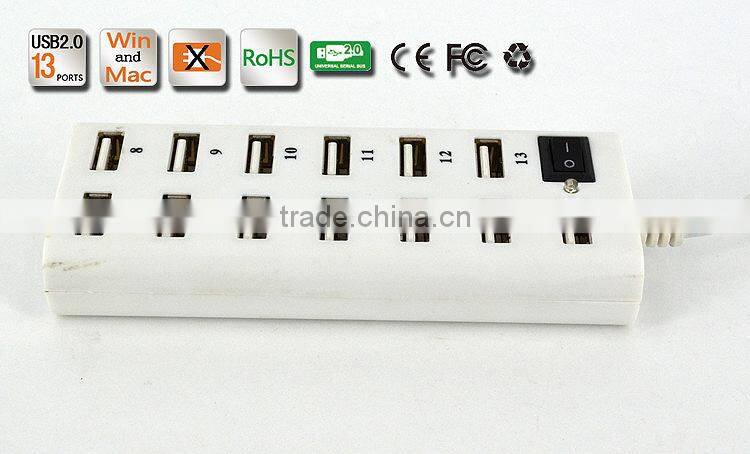 Hot sell High- performance Portable 480MBPS usb2.0 13 port hub with one switch+large capacity