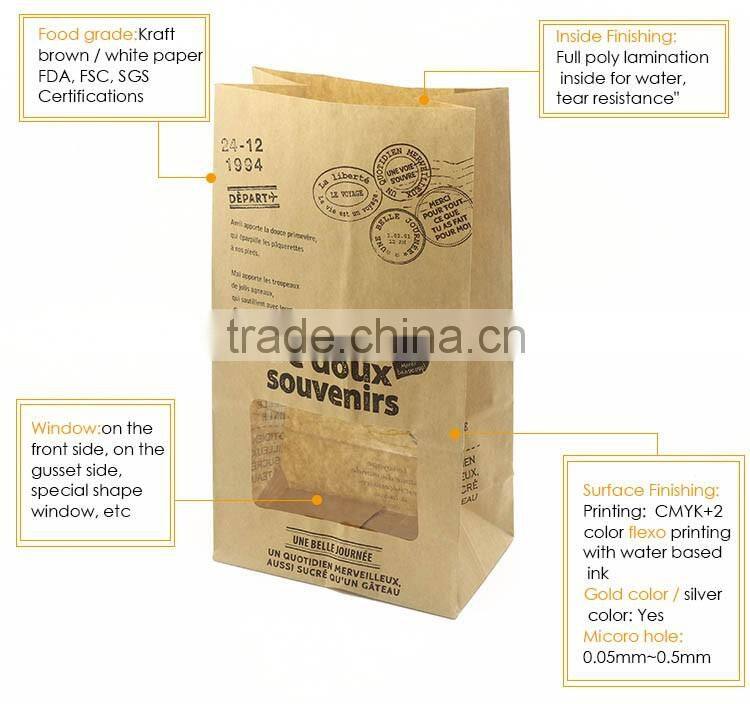 Flat bottom food kraft paper bag for bread packing