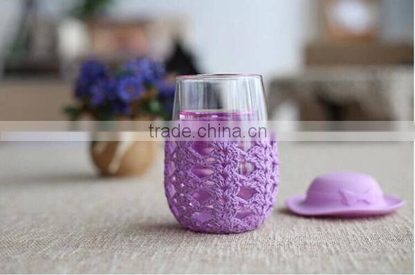 Creative design double walled glass tea cup Personalized silicone lid silicone sleeve