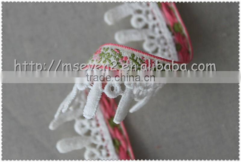 Hot selling Jacquard tape trim with tassel, fringed polyester jacquard fabric
