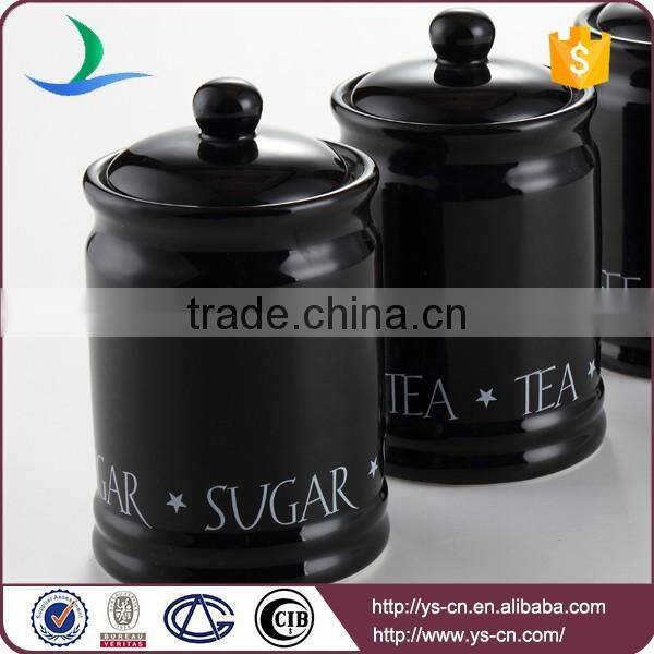High quality 3pcs black color tea coffee sugar storage jars canisters ceramic
