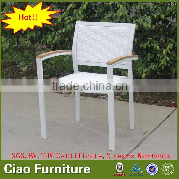 Stackable leisure outdoor furniture rattan chair with teak wood arm
