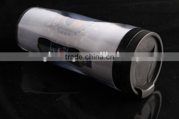 plastic travel mug with paper inserted/advertising mug