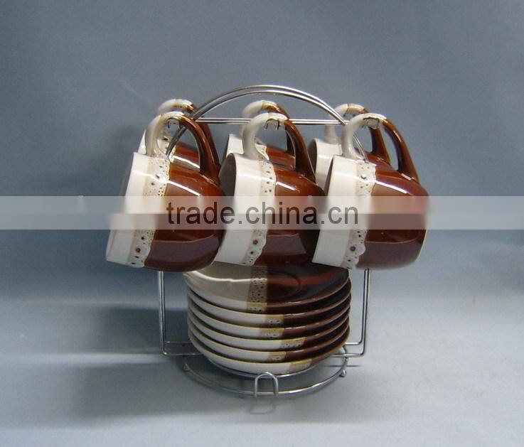 Double glazed 6sets ceramic mug set with metal stand