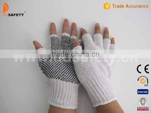 DDSAFETY White Cotton Polyester String Knit Gloves With Black PVC Dots One Side Half Finger Gloves