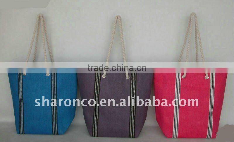 Candy strip paper straw fabric beach bag with handle