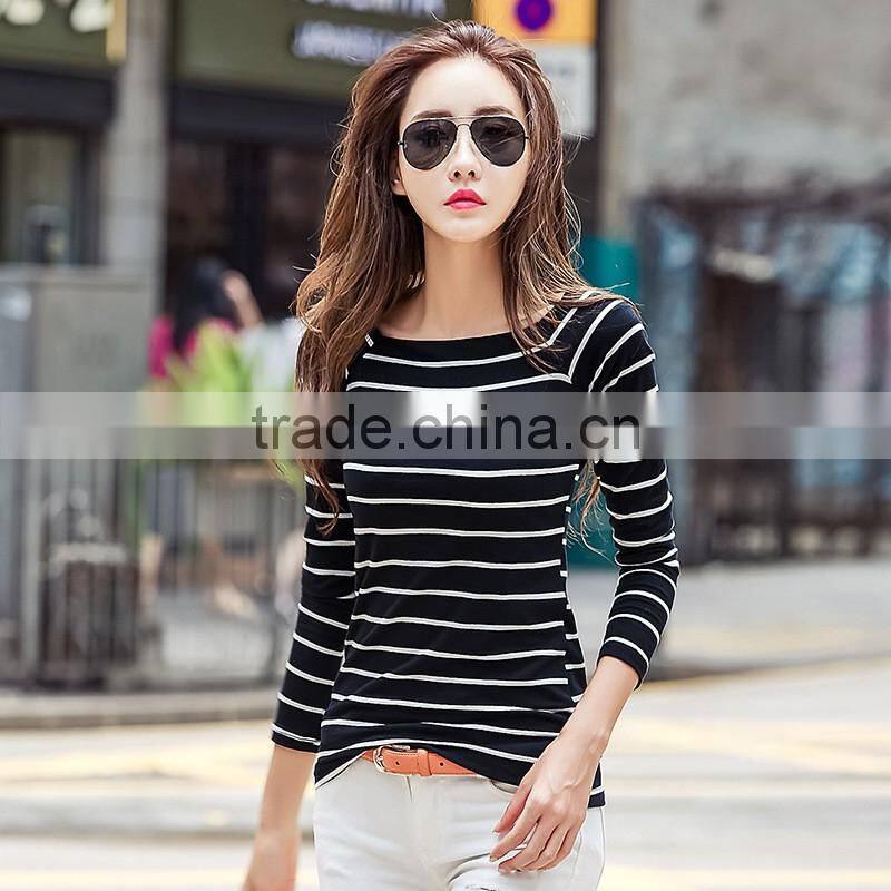 Hot sale autumn casual women wild striped knitted laday polyester bottoming thin slim long sleeve t shirt