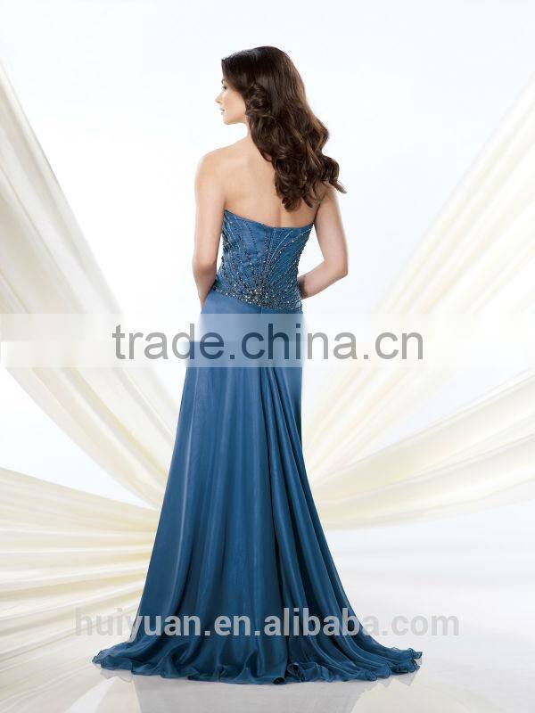 new design sleeveless dark blue bead long train evening dress