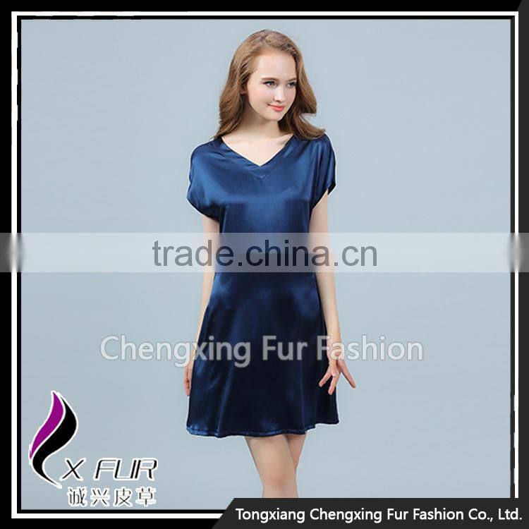 CXVLYQO1 Luxury Women's Pure Silk Skirt Night SNavy Blue Short Sleeve V-neck Pajamas