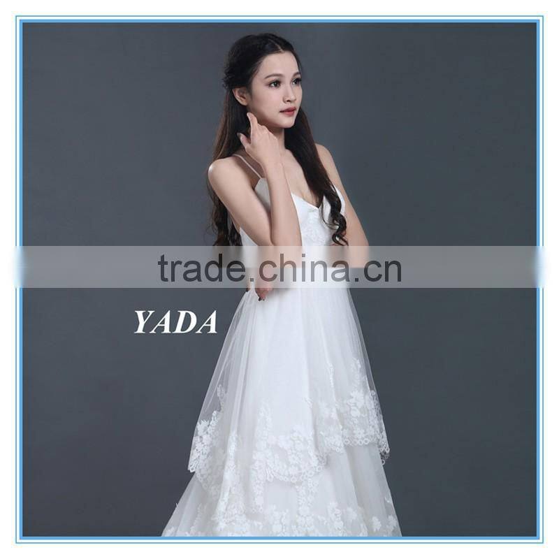 Spaghetti Strap Lace Sexy Low Back 5 Layers Ruffles Wedding Dress with Bridal Mantilla Veil