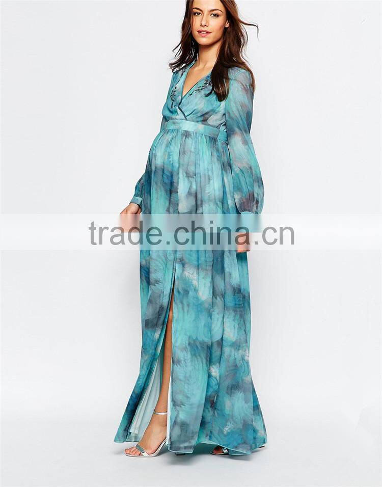 Maternity printed maxi long sleeve maternity dress for muslim with wrap front