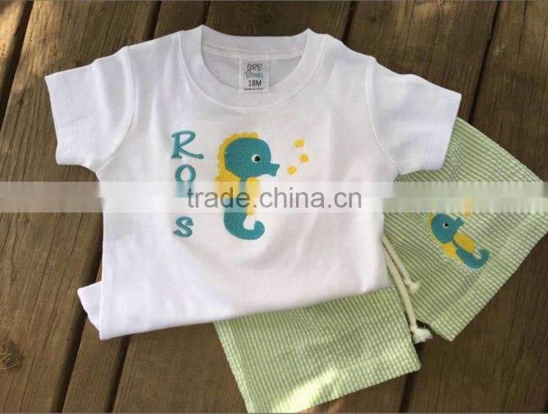 2016 Seahorse Swim Trunks set with Coordinating Shirt Children Kids Boys Seersucker Swimwear