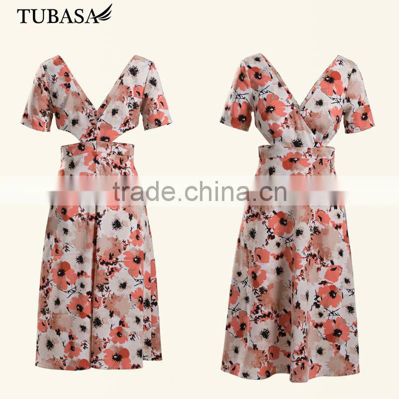 Hot selling elegant women's wear fashion flower print dreses sexy v neck dresses