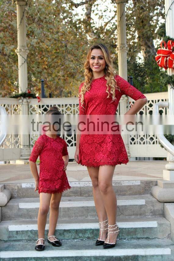 Lace Red Dress Matching Outfits Mother Daughter Party Dress