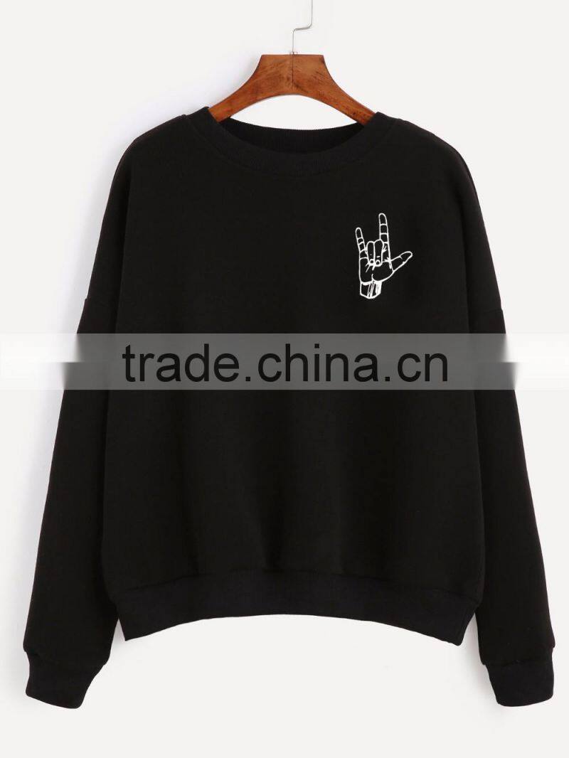 Black custom gesture printing crewneck sweatshirt wholesale women crewneck sweatshirt