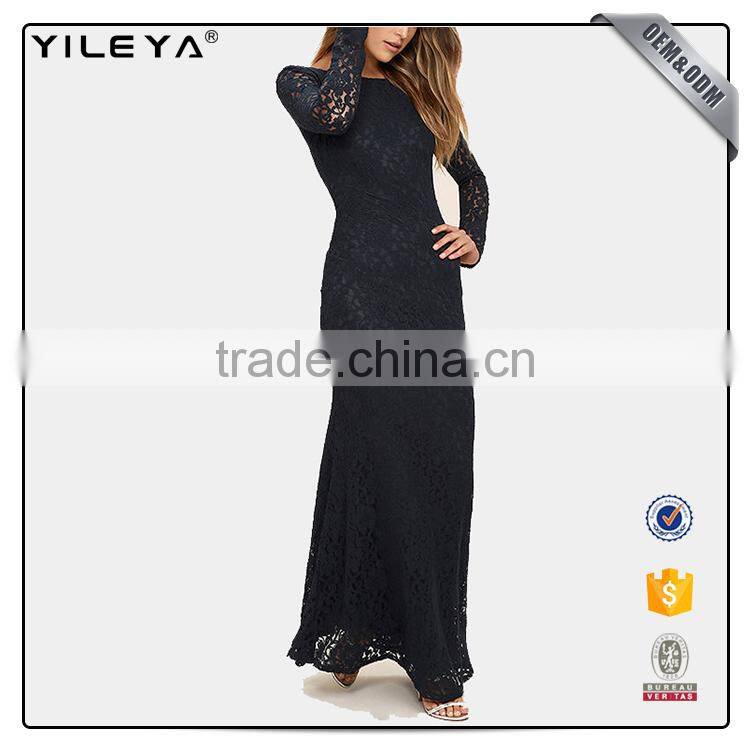Guangzhou factory offer long sleeve sexy black elegant women's crochet lace dress 2017 designs ,women lace long evening dress