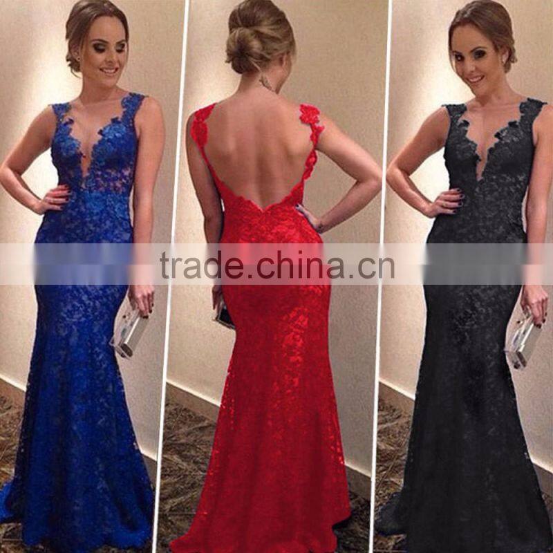 Fashion Deep V Neck Backless Maxi Long Dresses Lace Sexy Women Prom Dress for Sale