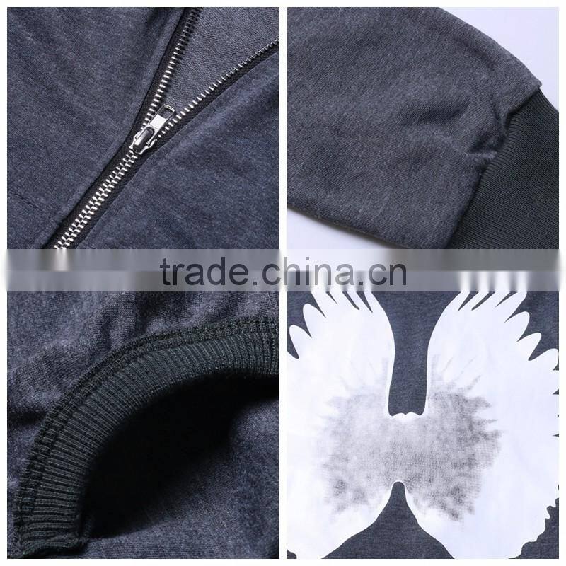 Small Quantity Workable Gray Contrast Wings Print Zip Up Hoodie for Women