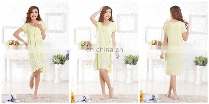 Lace trim square neck short sleeves bamboo sleep gown solid colors