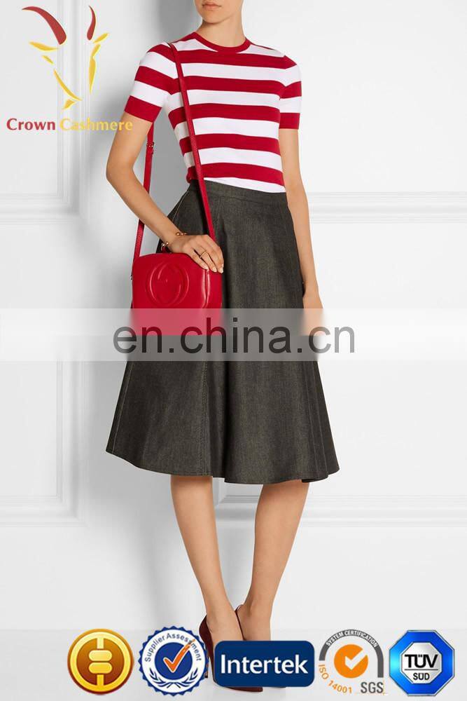 Ladies red and white striped short sleeve pure cashmere sweater