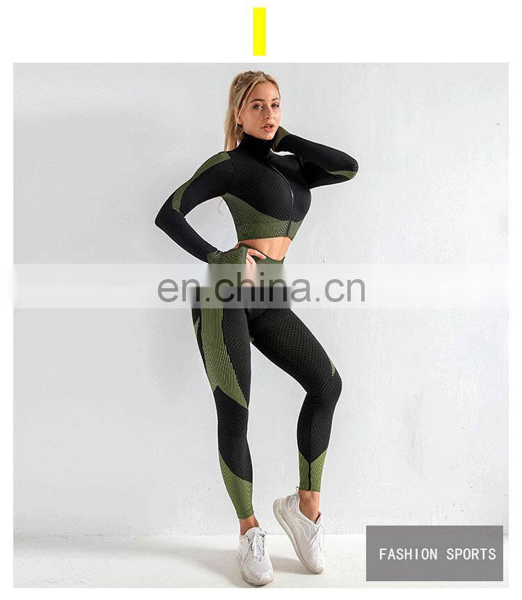 Wholesale women 3 pieces crop top leggings and sports bra workout clothes 3 pieces seamless yoga belt zipper suit