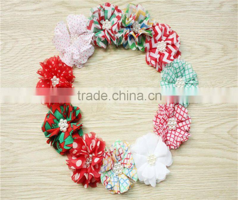 Christmas hair accessories/hair tie/chiffon flowers with pearls/garment flowers
