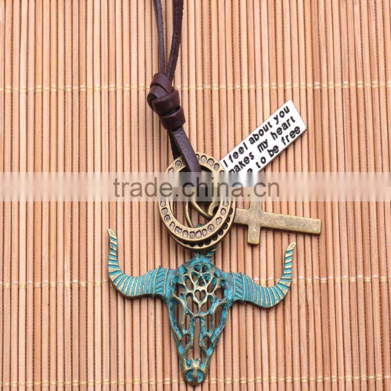 Vintage Genuine Leather Necklace with Bronze Green Hollow Bull Head Pendant.
