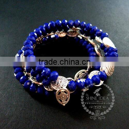 vintage antiqued silver ethical deep blue faceted glass beads 5 layers chunky fashion wiring bangle bracelet jewelry 6490042