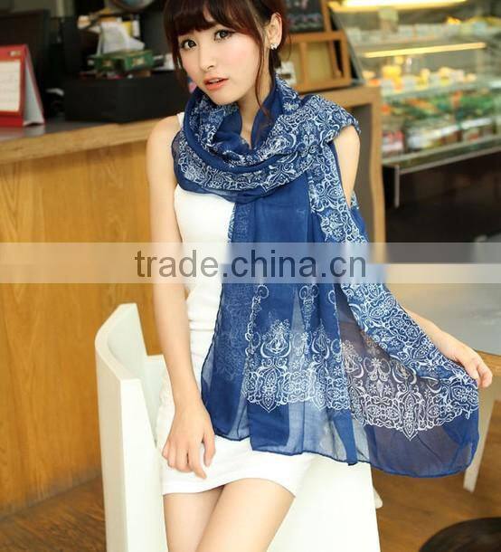 High quality Blue and White Porcelain Style Thin Section the Silk Floss Women Scarf Shawl