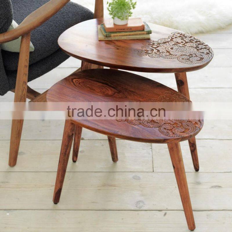 Vintage Solid Wooden Tea Table CNC Carved Pattern Nest End Table