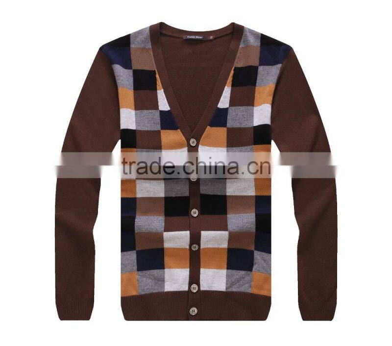 100% fine wool men's brown pattern knitwear cardigan