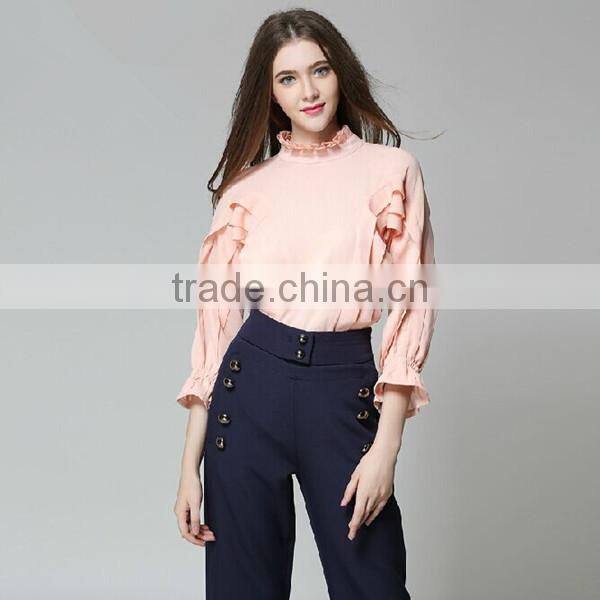 Ladies new fashion autumn Korean style transparent pleated long sleeve chiffon blouse