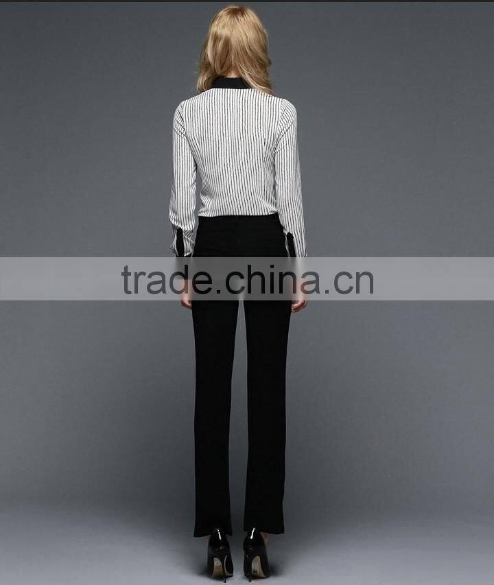 Office Lady Fashion Design Contrast Collar Cuff Striped Shirt