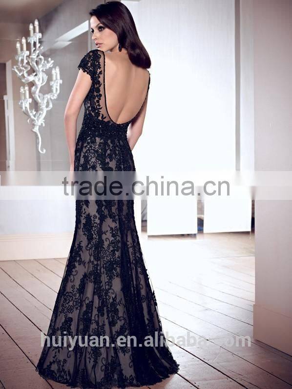 elegant scoop neck cap sleeve backless full length lace cocktail dresses cheap