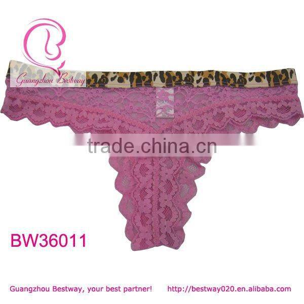Sexy lady dresses pink thongs full transparent lace with leopard elastic band